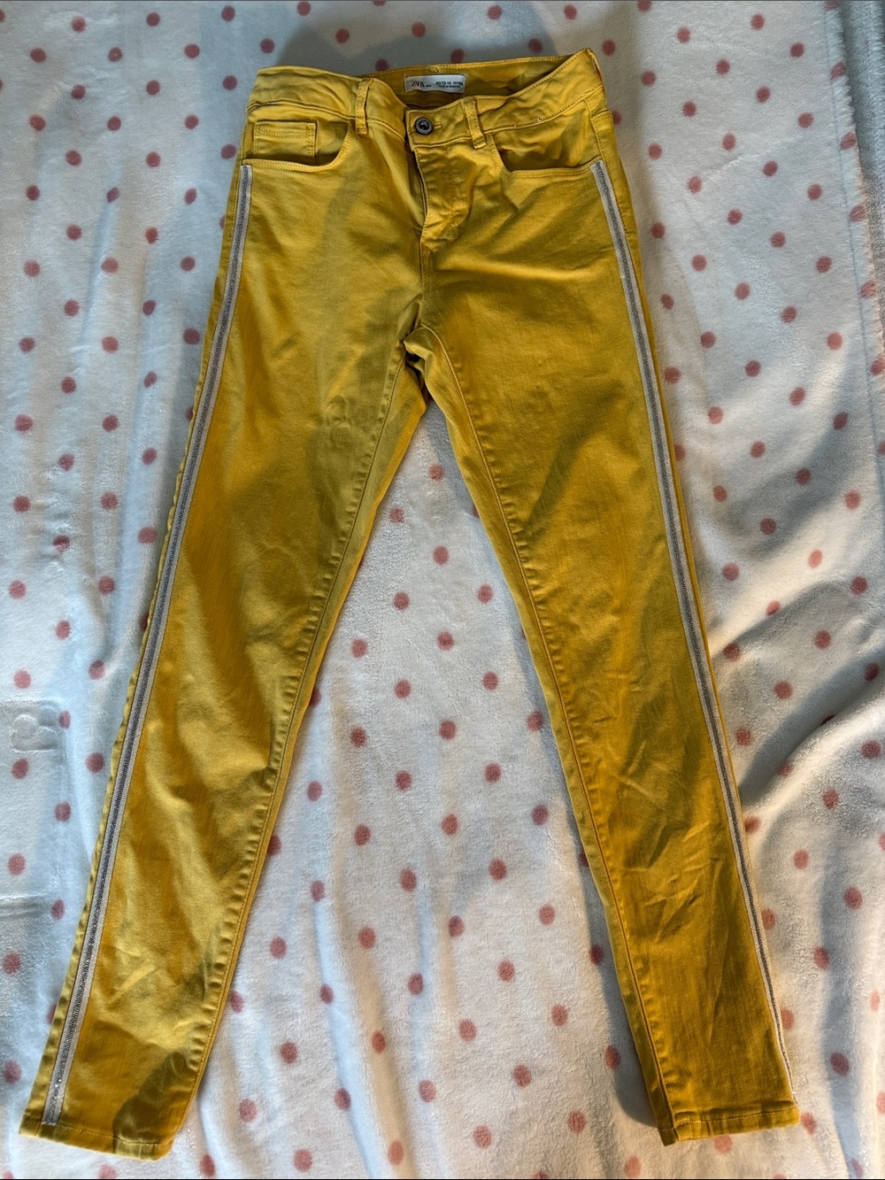 Zara Kids Mustard Yellow Rhinestone Stripe Skinny Jeans - Size 13/14 (164 cm)